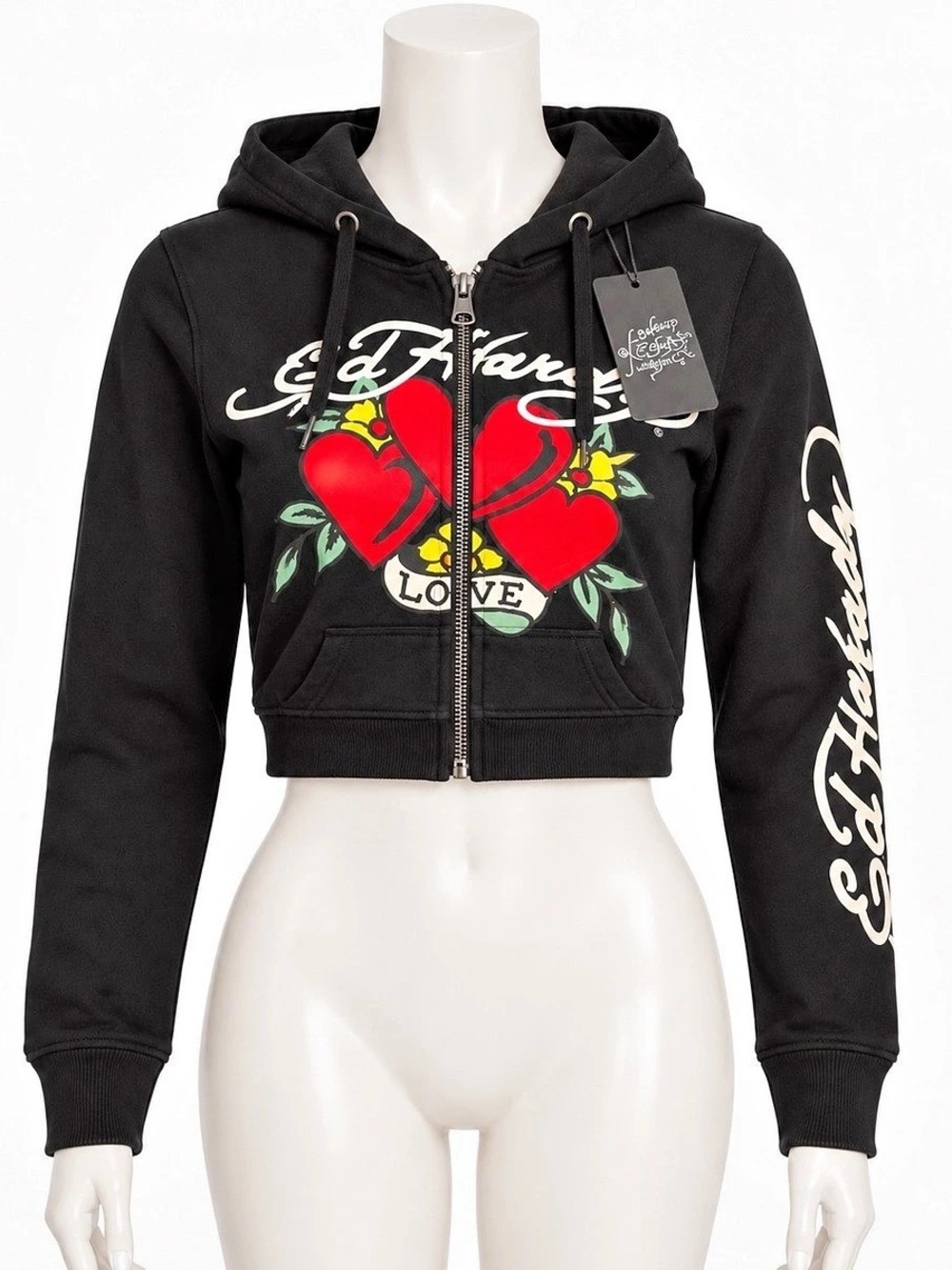 Ed Hardy Sacred Heart Cropped Zip Fleece Hoodie Black
